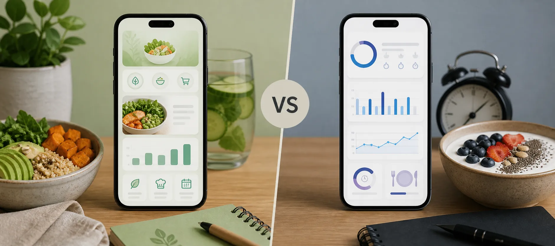Two smartphones on a table show different nutrition app dashboards beside food bowls and a timer clock.