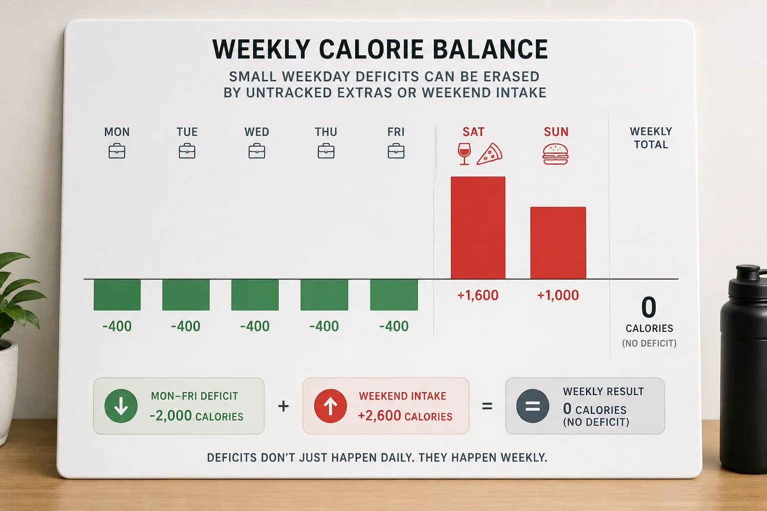 Weekly calorie balance chart Weekly calorie balance chart showing weekday deficits offset by weekend calorie intake, ending at zero.