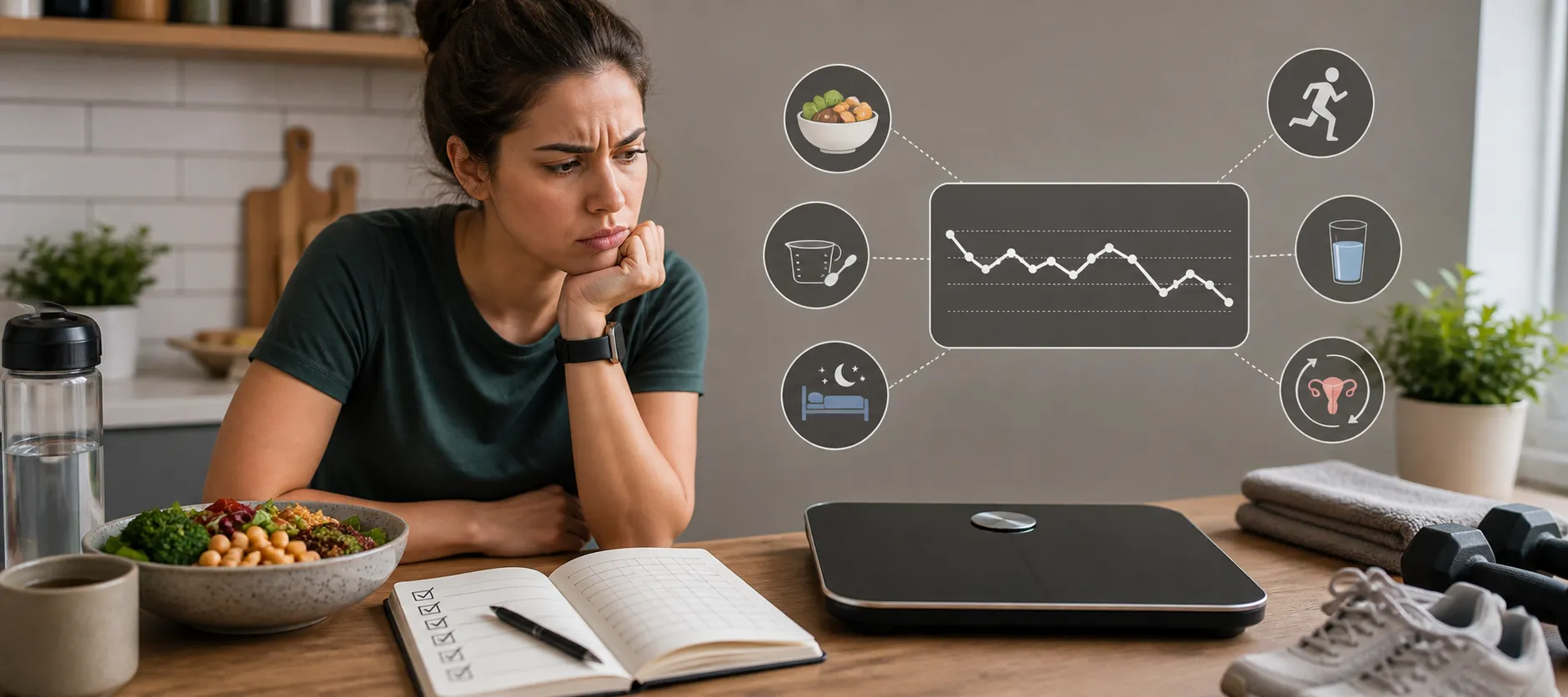 Woman looking frustrated at a kitchen table beside a scale, food bowl, and workout gear