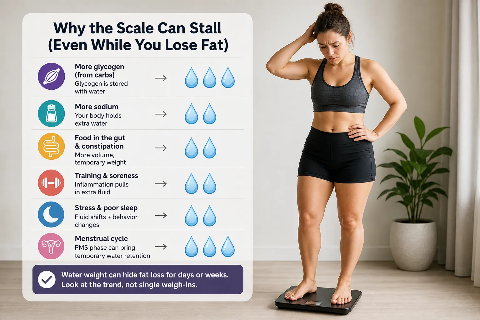 Woman on scale next to water retention chart Woman standing on a scale beside a chart about reasons water weight can hide fat loss.