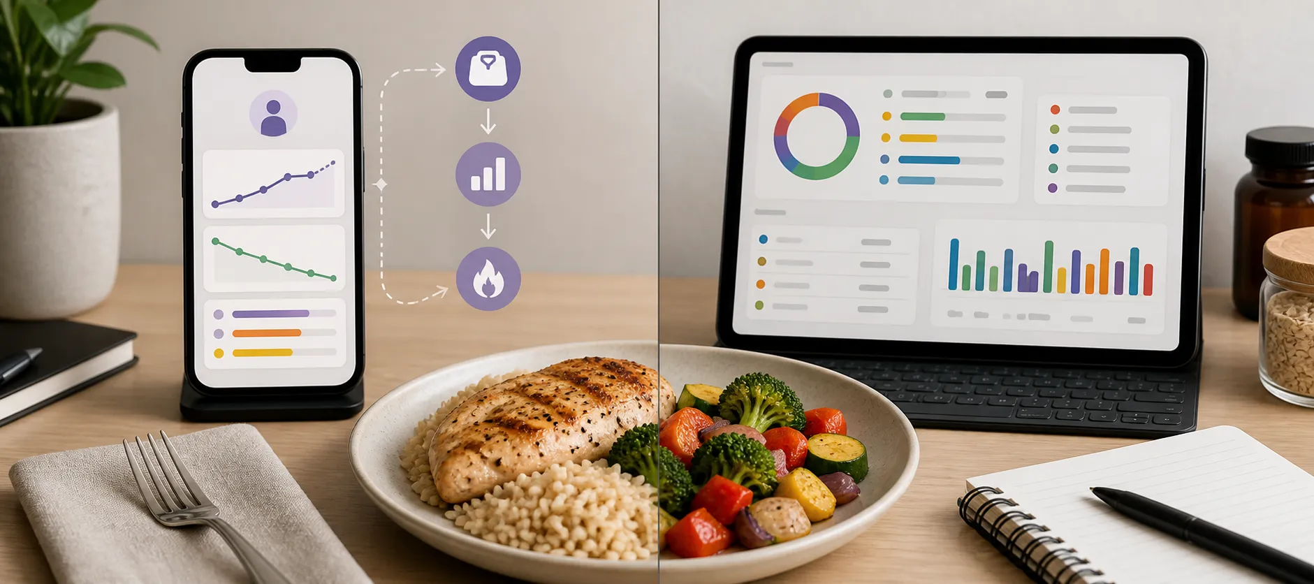 A chicken, rice, and vegetable dinner sits between a phone showing intake trends and a tablet with nutrient charts.