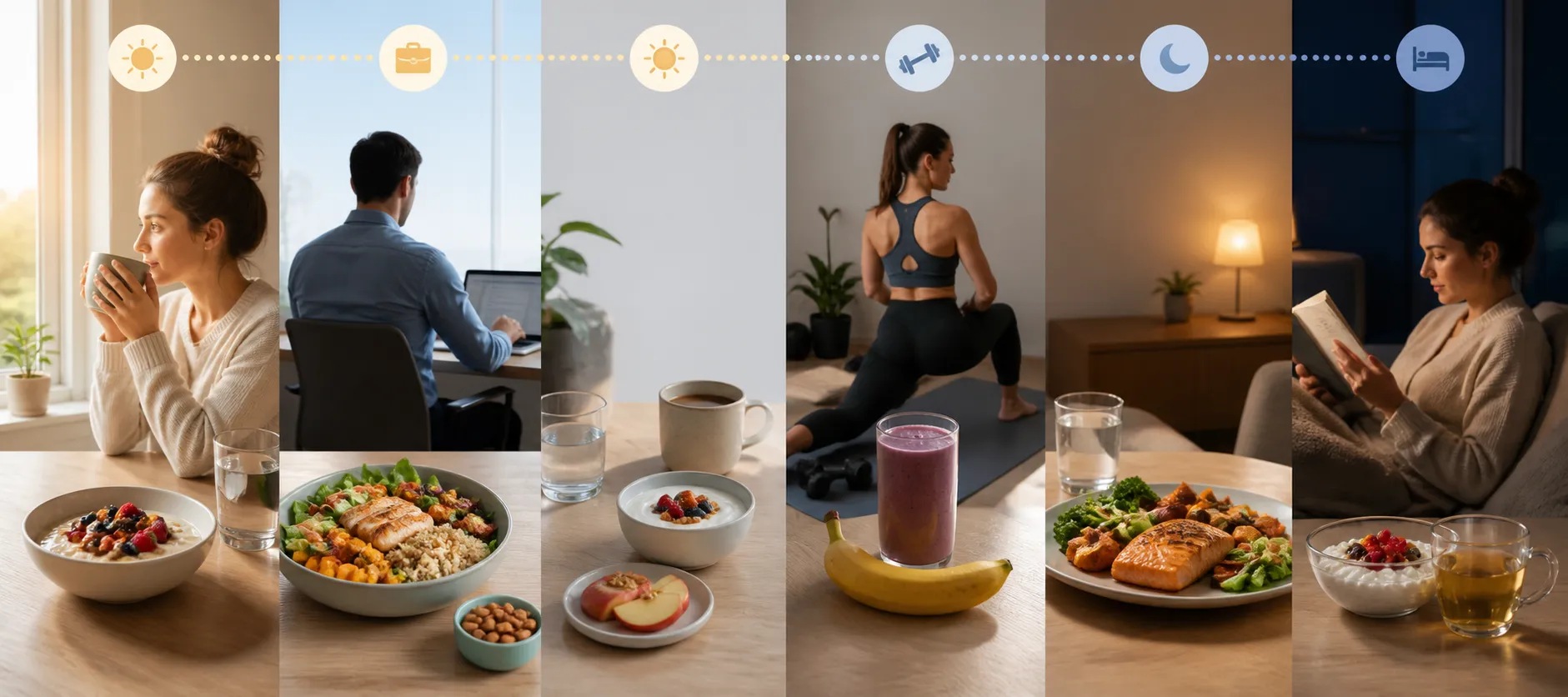 A daily routine shows meals, work, exercise, and bedtime reading along a timeline from sunrise to night.