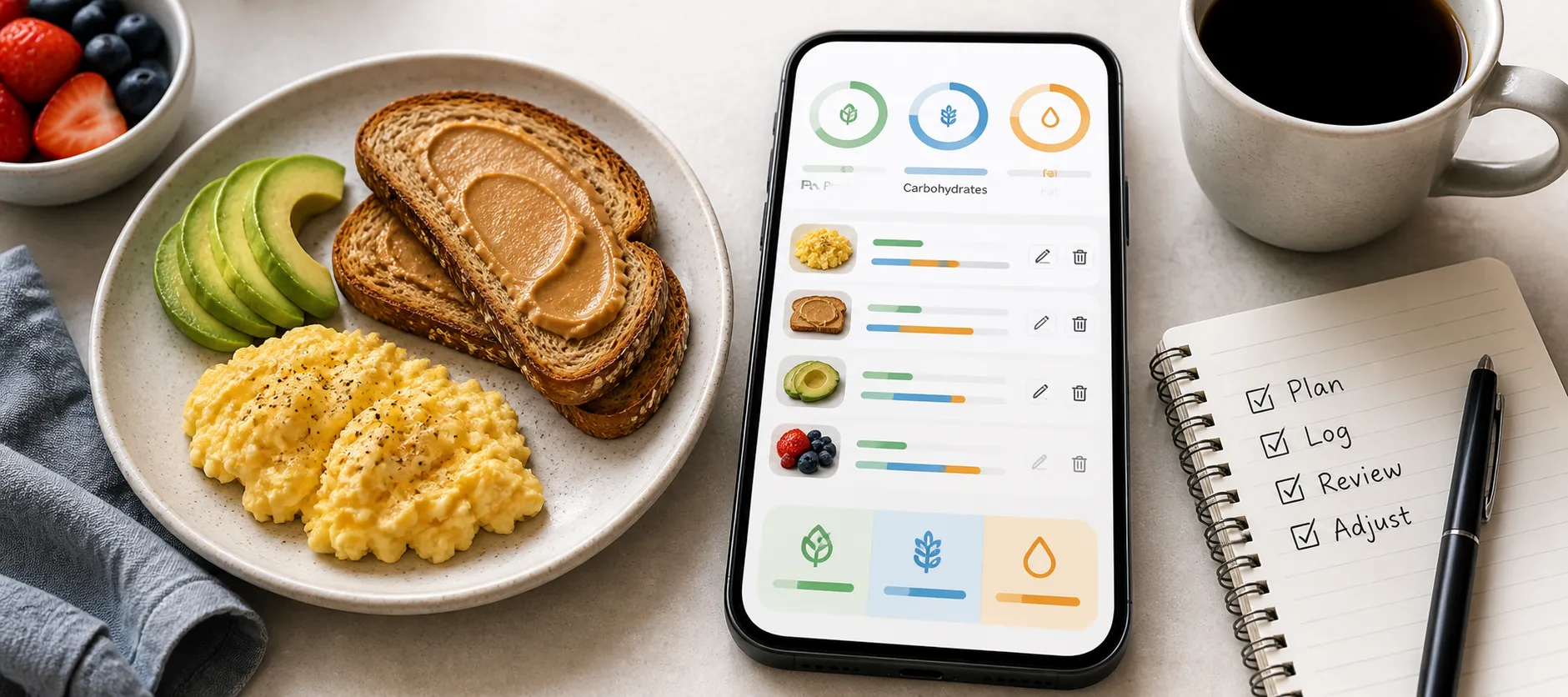 Breakfast with scrambled eggs, avocado toast, and berries beside a phone displaying an editable meal log and macro totals.