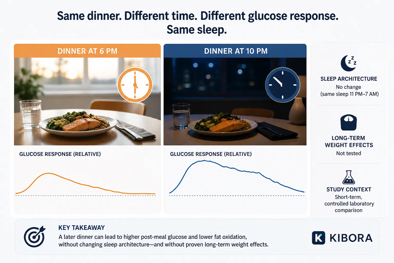 Glucose response after early and late dinners Infographic compares 6 p.m. and 10 p.m. dinners, with a higher glucose-response curve after the later meal and unchanged sleep.