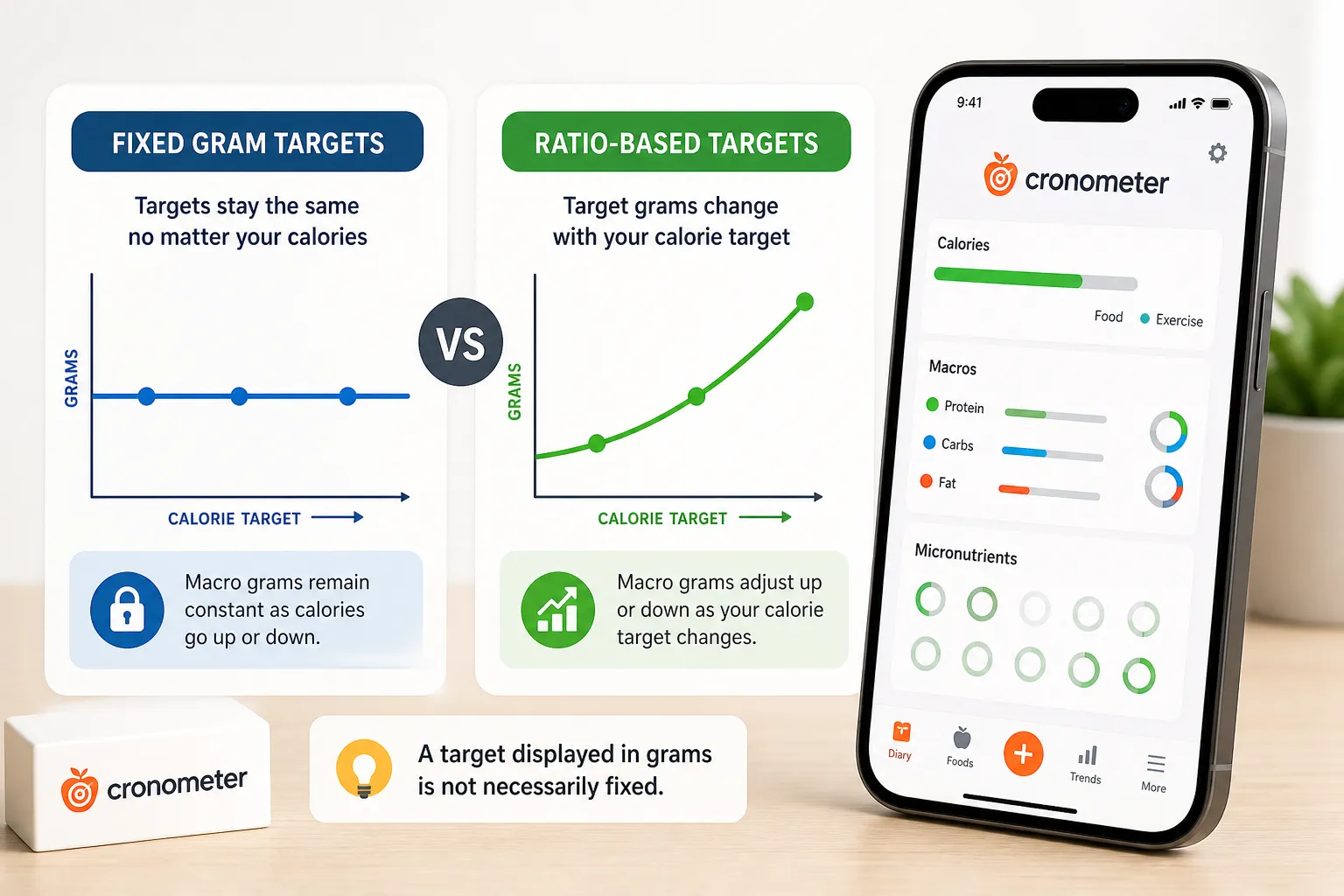 Infographic compares fixed and ratio-based macro targets beside a Cronometer screen with calorie, macro, and micronutrient tracking.