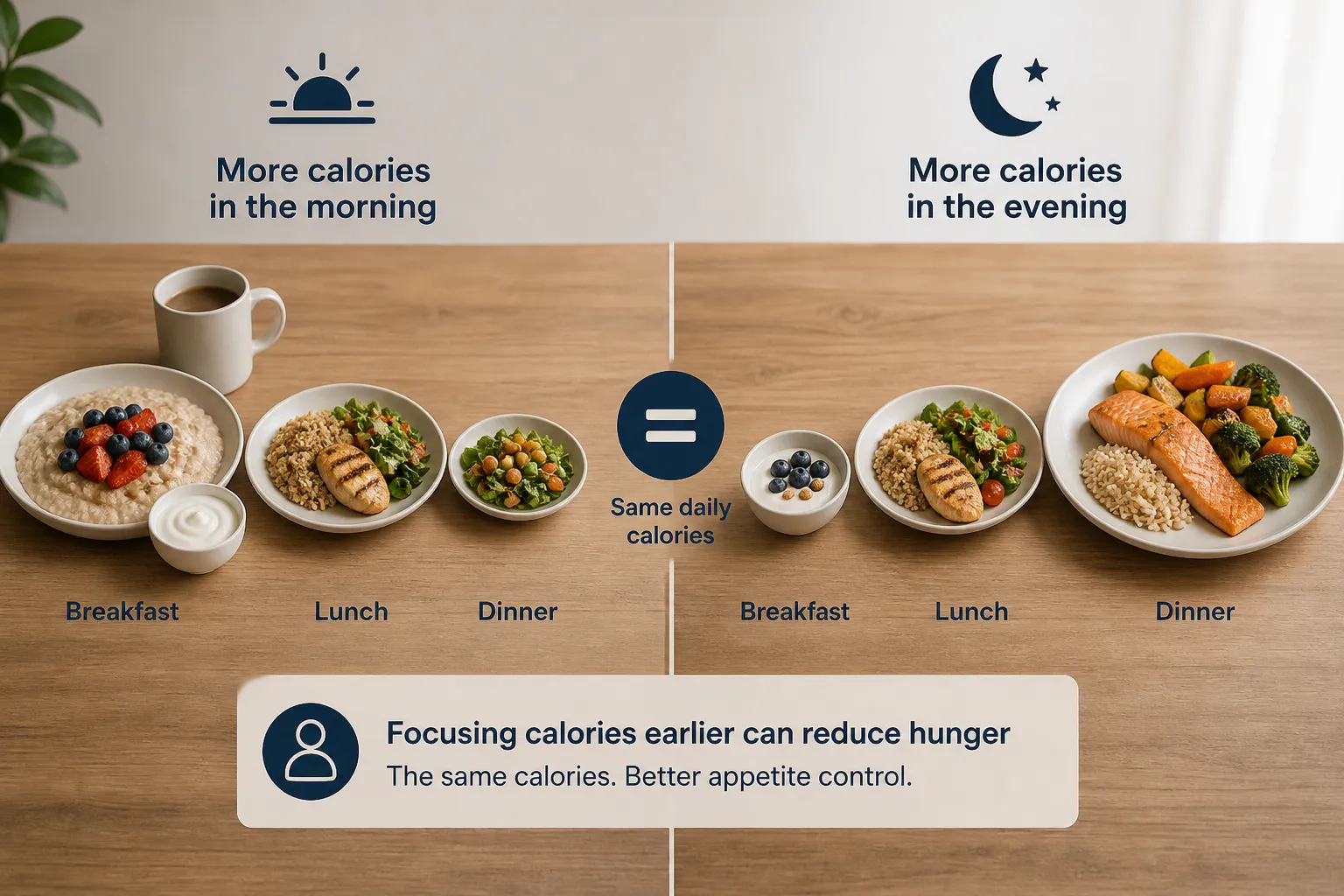 Meal portions shifted between morning and evening Side-by-side meal plans show the same daily calories, with more food in the morning on one side and in the evening on the other.